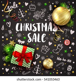 Christmas sale template with realistic fir tree, balls, gift box, decorations and handmade lettering. Hand drawn chalk elements and calligraphy inscriptions on blackboard. Vector  3D objects. 