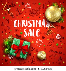 Christmas sale template with realistic fir tree, balls, gift box, decorations and handmade lettering. Hand drawn elements and calligraphy inscriptions. Vector red background with 3D objects.