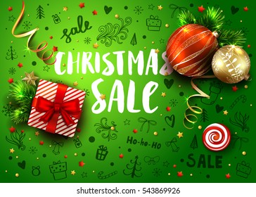 Christmas sale template with realistic fir tree, balls, gift box, decorations and handmade lettering. Hand drawn ink elements and calligraphy inscriptions. Vector green background with 3D objects. 