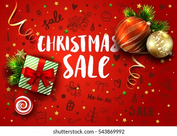 Christmas sale template with realistic fir tree, balls, gift box, decorations and handmade lettering. Hand drawn ink elements and calligraphy inscriptions. Vector red background with 3D objects. 