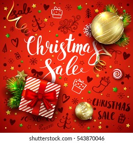 Christmas sale template with realistic fir tree, balls, gift box, decorations and handmade lettering. Hand drawn elements and calligraphy inscriptions. Vector red background with 3D objects.