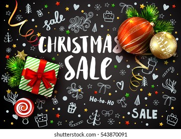 Christmas sale template with realistic fir tree, balls, gift box, decorations and handmade lettering. Hand drawn chalk elements and calligraphy inscriptions on blackboard. Vector  3D objects. 