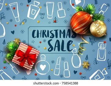 Christmas sale template with realistic fir tree, balls, gift box and handmade lettering. Hand drawn elements and calligraphy inscription. Vector background. Sketch bottle of perfume and cosmetics. 