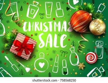 Christmas sale template with realistic fir tree, balls, gift box and handmade lettering. Hand drawn elements and calligraphy inscription. Vector background. Sketch bottle of perfume and cosmetics. 