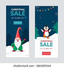 Christmas Sale Template Or Vertical Banner Set With 60% Discount Offer, Cartoon Penguin And Gnome Character.