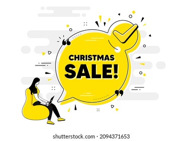 Christmas Sale text. Check mark chat bubble banner with people. Special offer price sign. Advertising Discounts symbol. Christmas sale approved chat message. Checklist user background. Vector