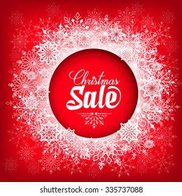 Christmas Sale Text in Circle of Snow Flakes with Red Background. Vector Illustration
