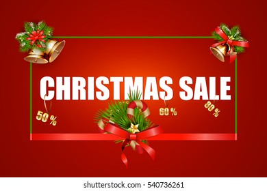  Christmas Sale Text  design template with  fir tree branch,  Christmas Decorations, jingle bells, snow, red ribbon bow, berry, candy cane,price tags on red Background. Vector banner illustration