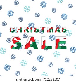 christmas sale text with paper cut layers 3d effect on background with stars and firs