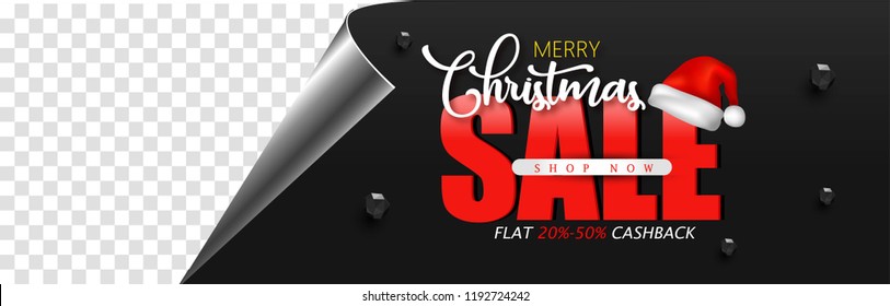 Christmas Sale Text for Promotion with a grass and Christmas Decorations in red Background. Realistic Vector Illustration,  stylish lettering of Merry Christmas,