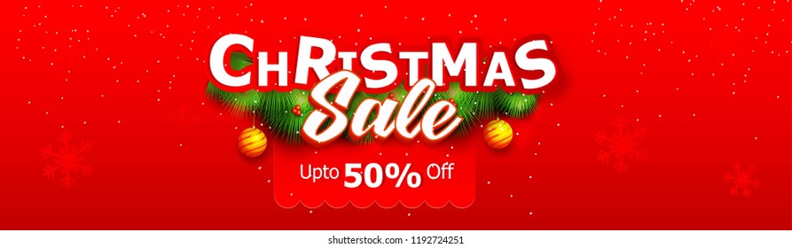 Christmas Sale Text for Promotion with a grass and Christmas Decorations in red Background. Realistic Vector Illustration,  stylish lettering of Merry Christmas,