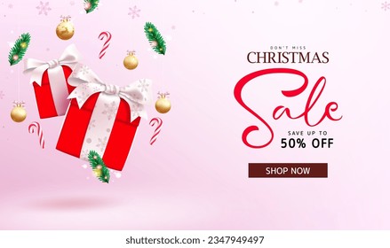 Christmas sale text vector banner design. Christmas holiday season promotion discount offer with gift boxes ornaments decoration. Vector illustration xmas shopping advertisement.
