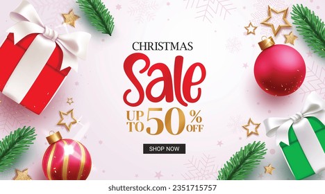 Christmas sale text vector banner design. Christmas promo discount offer with xmas holiday season elements in elegant background. Vector illustration clearance sale banner. 
