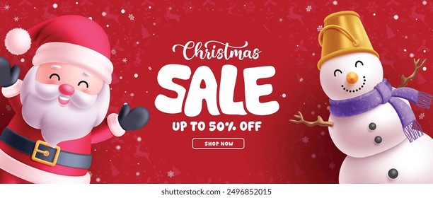 Christmas sale text vector banner design. Christmas santa claus and snowman characters with 50% off shopping promo discount price in red background. Vector illustration holiday season banner. 
