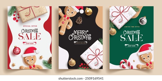 Christmas sale text vector set design. Christmas promotion discount offer flyers collection with ginger bread, xmas balls and gift box decoration elements. Vector illustration sale banner design. 
