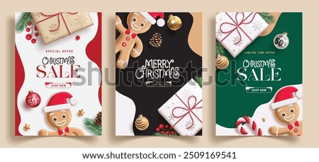 Christmas sale text vector set design. Christmas promotion discount offer flyers collection with ginger bread, xmas balls and gift box decoration elements. Vector illustration sale banner design. 
