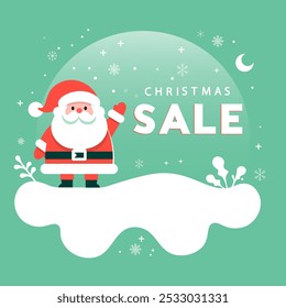 Christmas Sale text,A happy and cute Santa Claus greeting from a snowy island,vector Illustration ,Merry Christmas festival, sale banner,Template promotion,discount and special offer