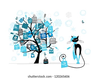 Christmas sale tree, fashion cat with shopping bag for your design