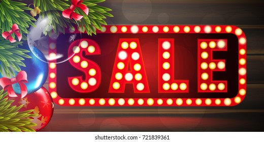 Christmas SALE vector ads background with fir tree branches color bulbs for winter New 2018 Year wholesale advertising illustration flyer and postcard design
