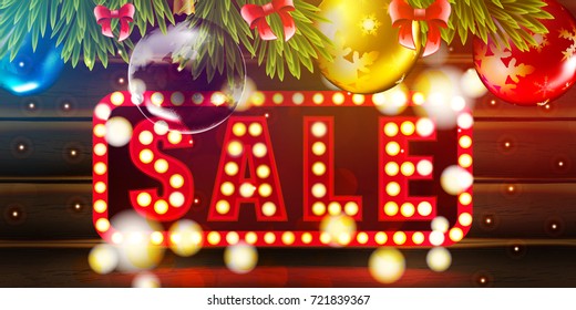 Christmas SALE vector ads background with fir tree branches color bulbs for winter New 2018 Year wholesale advertising illustration flyer and postcard design