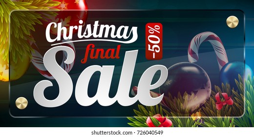 Christmas SALE vector ads background with fir tree branch color bulbs and candy for winter holidays wholesale advertising illustration flyer and postcard design