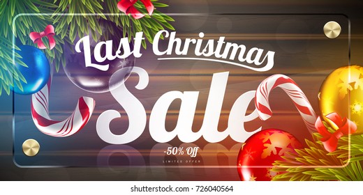 Christmas SALE vector ads background with fir tree branch color bulbs and candy for winter holidays wholesale advertising illustration flyer and postcard design