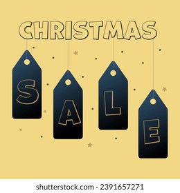 Christmas sale. Vector background with inscription and price tags. Promotional offer, discounts. Blue, yellow and gold color.