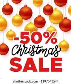 Christmas Sale vector background. Promotion banner for end of year clearance, decorated with color gold and red christmas balls. Vector illustration