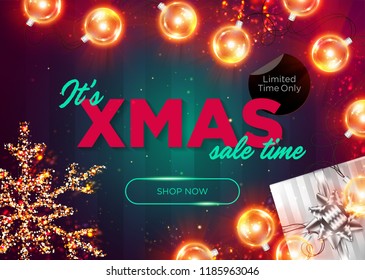 Christmas Sale Vector Background. Xmas Sale Banner Design. Elegant Business Announcement. Luxury Xmas Banner with Gold Light Bulbs. Christmas Shopping Season. Top View of Festive Winter Scene.