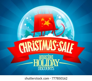 Christmas sale vector banner concept, amazing holiday discounts, vintage style illustration with snow globe and sleigh