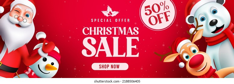 Christmas sale vector banner design. Christmas sale special offer text in shopping discount price with seasonal xmas character for holiday promo ads. Vector illustration.
