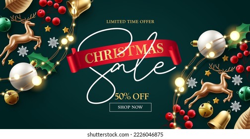 Christmas sale vector banner design. Christmas promo text in red ribbon space with xmas elements for brochure and flyers decoration background. Vector Illustration.