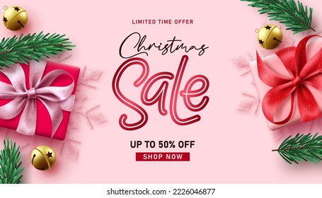 Christmas sale vector banner design. Christmas limited offer promo discount in pink background with box of gifts for seasonal advertising brochure. Vector Illustration.