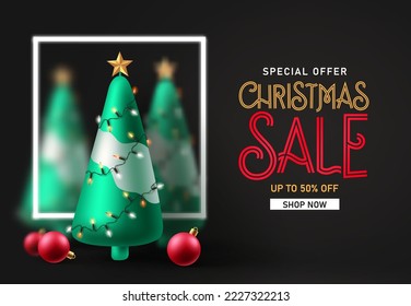 Christmas sale vector banner design. Merry christmas special offer text with xmas tree and balls elements in black background. Vector Illustration.