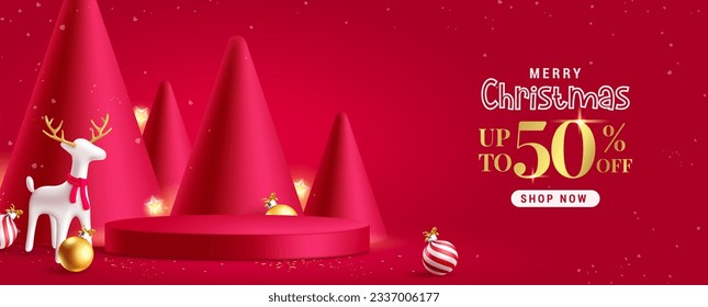 Christmas sale vector banner design. Merry christmas greeting text in podium stage for seasonal product presentation. Vector illustration in elegant red advertainment background.  