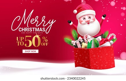 Christmas sale vector banner design. Merry chritsmas and happy holidays greeting text with santa cluas character in gift box elements. Vector illustration seasonal discount promo background.
