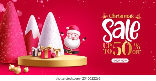 Christmas sale vector banner design. Christmas podium with santa claus character for product display presentation background. Vector illustration holiday season discount promo design.
