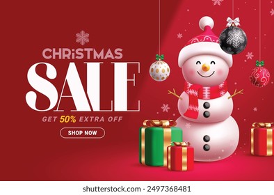 Christmas sale vector banner design. Christmas promo 50% off discount price text with snowman character, gift boxes and hanging xmas balls decoration elements. Vector illustration seasonal shopping 
