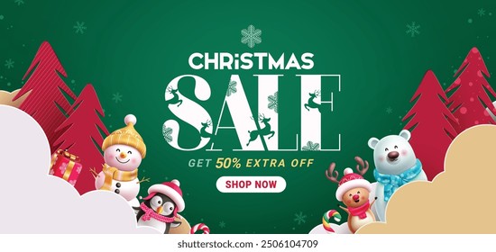 Christmas sale vector banner design. Christmas sale text with happy snowman, penguin, reindeer, polar bear characters in paper cut pine tree and clouds green background for shopping discount promo. 