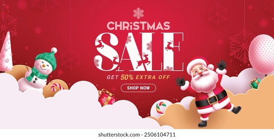 Christmas sale vector banner design. Christmas sale text with happy santa claus and snowman character in paper cut clouds red background for special promo advertisement. Vector illustration seasonal 