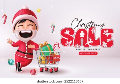 Christmas sale vector banner design. Christmas sale text iwith happy santa claus posing and waiving character for 50% off special promo in snow winter background. Vector illustration holiday season 