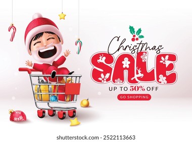 Navidades de diseño de Anuncio de Vector de venta. Texto de venta de Navidades con el personaje feliz de Santa Claus sentado en el Carrito, cajas de regalo, bolas de Navidad, bastón de caramelo y Elementos de estrellas para el fondo especial de la promoción de temporada. 