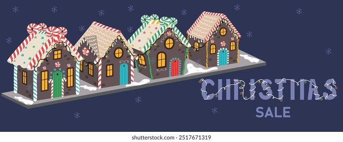 Christmas sale vector banner. Gingerbread houses christmas scene. Horizontal for winter advertisement.