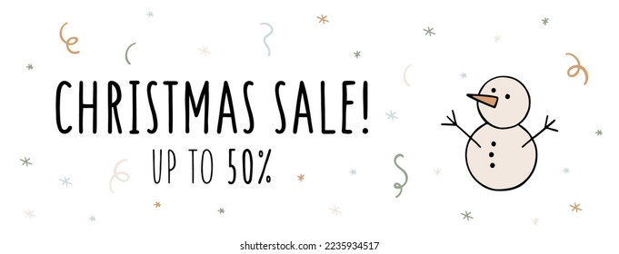 Christmas sale vector banner with hand drawn snowman and festive elements. Cheerful promotion poster or web banner. Flat vector illustration with Big Christmas sale. New Year discount concept