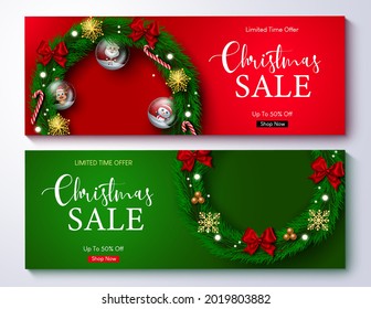 Christmas sale vector banner set. Christmas sale text with up to 50% off limited time offer seasonal promo discount for xmas holiday business promotion. Vector illustration