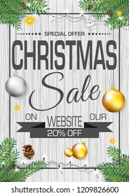 Christmas sale vector card with ball, pine branch and lights on white wood background