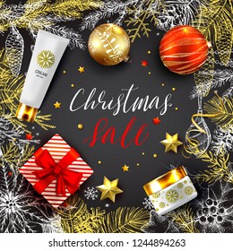 Christmas sale vector card. Realistic 3D balls, cosmetic jar, tube of cream. Hand drawn fir tree, conifers branches, pine cones. Sketch vintage illustration. Elegant essence ads. Gold and black frame.