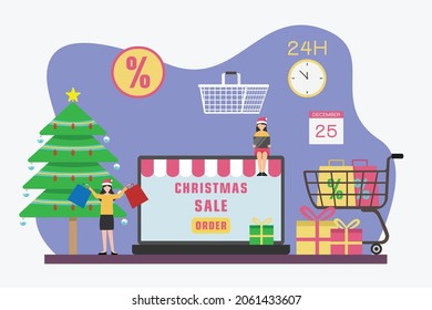 Weihnachtsverkauf, Vektorkonzept: Zwei Frauen, die um Mitternachtsverkauf im Internet einkaufen, um Weihnachten mit Laptop zu feiern  