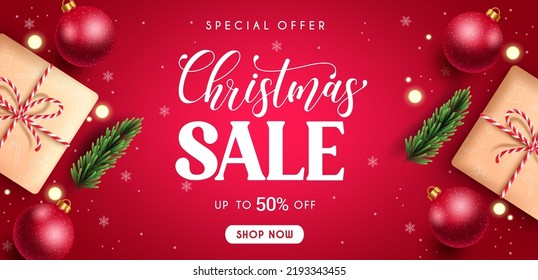 Christmas sale vector design. Christmas sale special offer text up to 50% off with xmas elements like gift and ball for holiday season business ads. Vector illustration.
