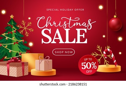 Christmas sale vector design. Christmas sale text with special holiday offer up to 50% off with christmas tree, gift and snow flakes element for holiday season promo discount. Vector illustration.
